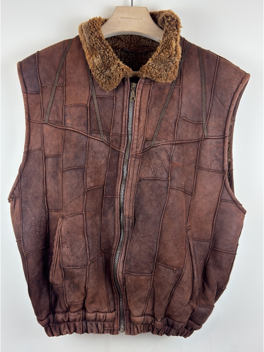 Vintage 70s Brown Patchwork Shearling Leather Vest Fur Lined Western Boho L/XL